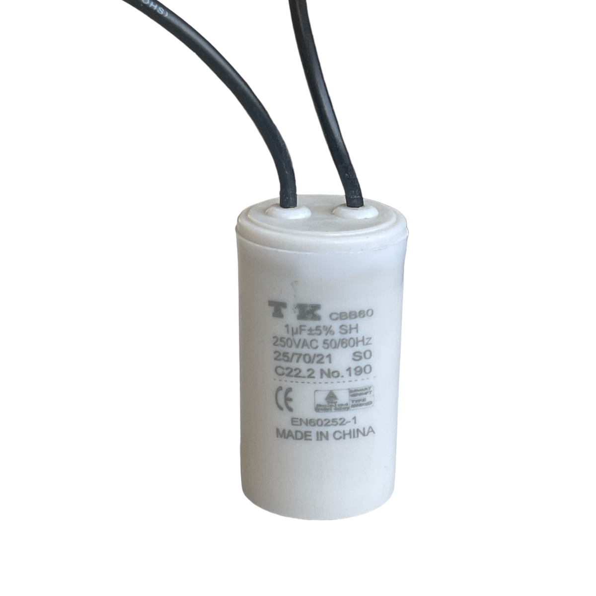 CAPACITOR DE PARTIDA PPM 1UF 250VCA TERMINAL FIO 25X45MM CBB60 CANECA PLASTICO TK