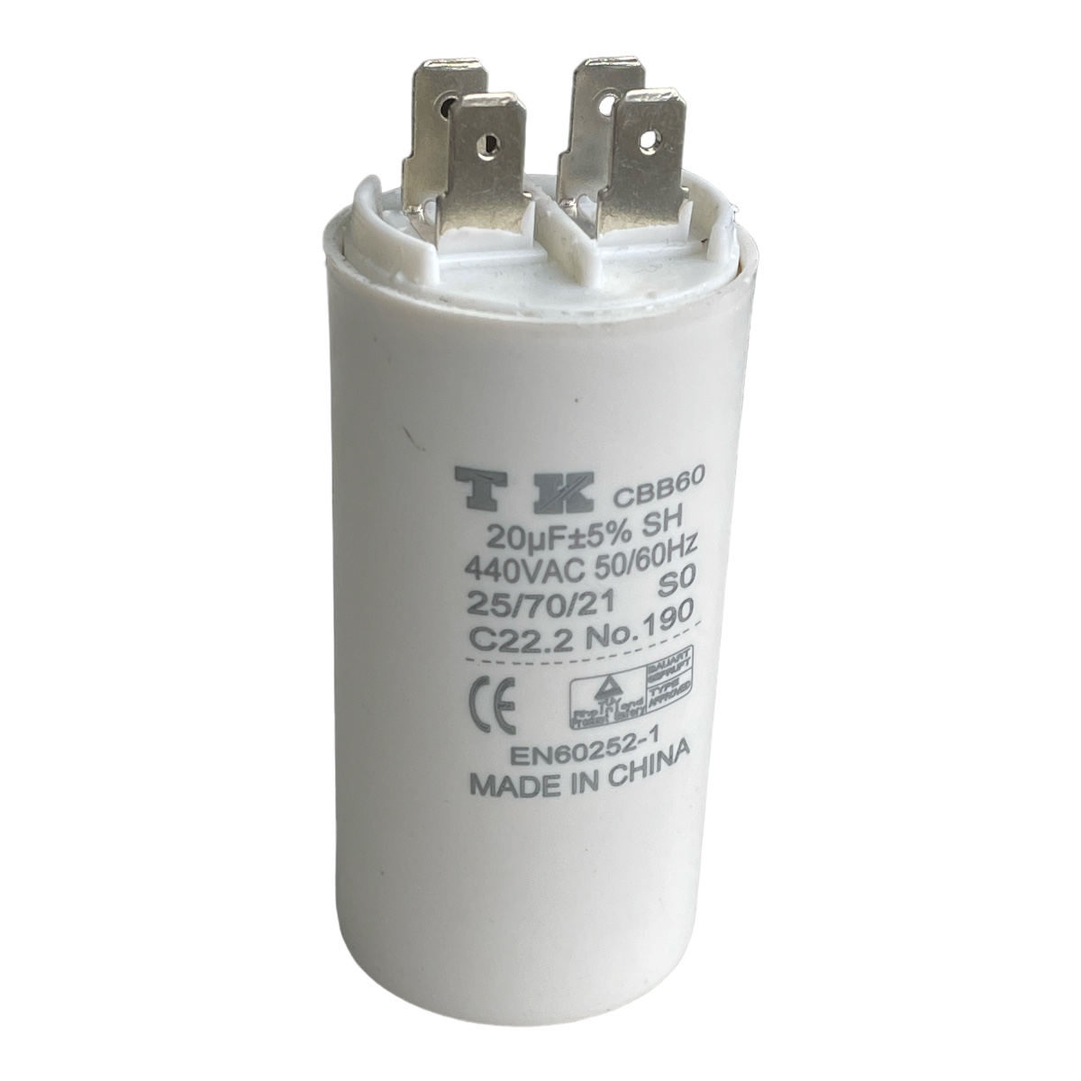 CAPACITOR DE PARTIDA 20UF 440VCA FAST-ON CBB60 CANECA PLASTICA BASE LISA  36X70MM TK