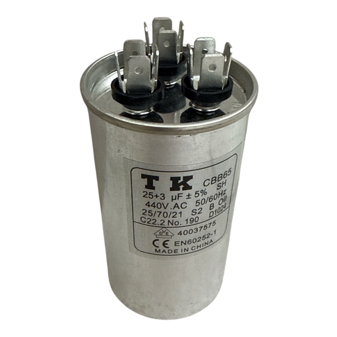 CAPACITOR DE PARTIDA FIXO 25UF+3UF 440VAC 50/60HZ 50X90MM CANECA ALUMINIO TERMINAL FASTON CBB65