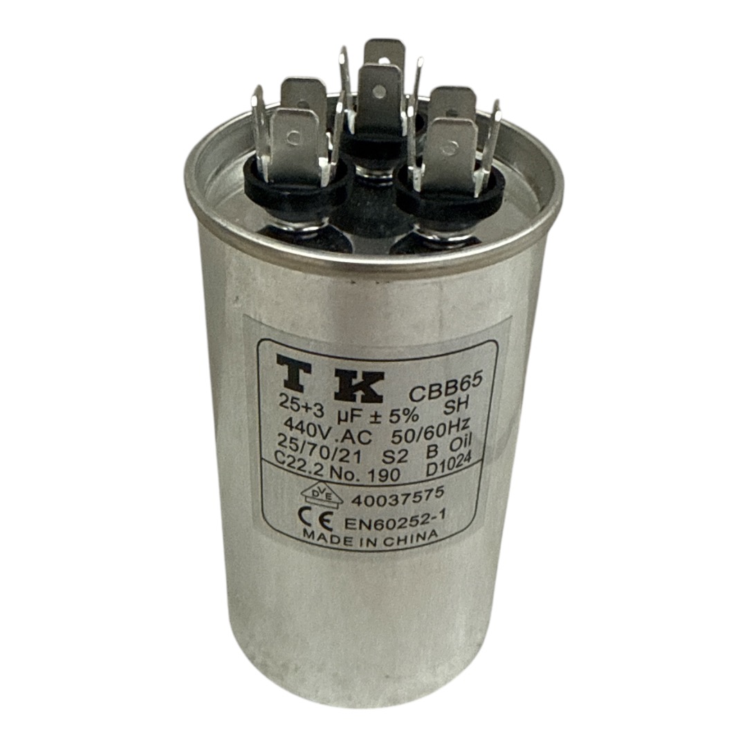 CAPACITOR DE PARTIDA FIXO 25UF+3UF 440VAC 50/60HZ 50X90MM CANECA ALUMINIO TERMINAL FASTON CBB65