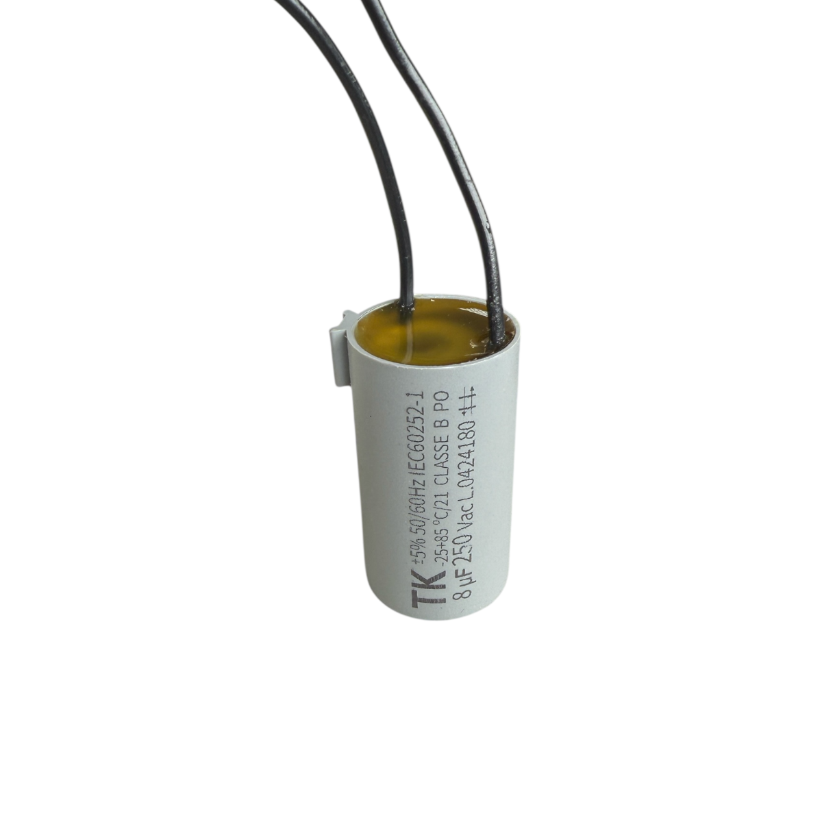 CAPACITOR DE PARTIDA PPM 8UF 250VCA CBB60 50/60HZ TERMINAL FIO CANECA PLASTICA BASE LISA 25X47MM TK