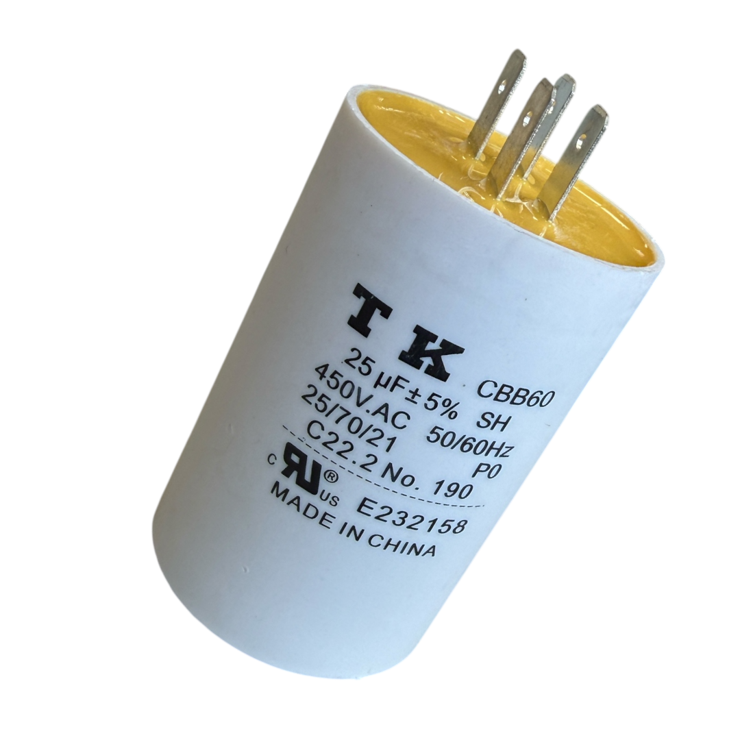 CAPACITOR DE PARTIDA 25UF 450VCA FAST-ON CBB60 SUP 0,5KVAR CANECA PLASTICA BASE LISA  45X70MM TK