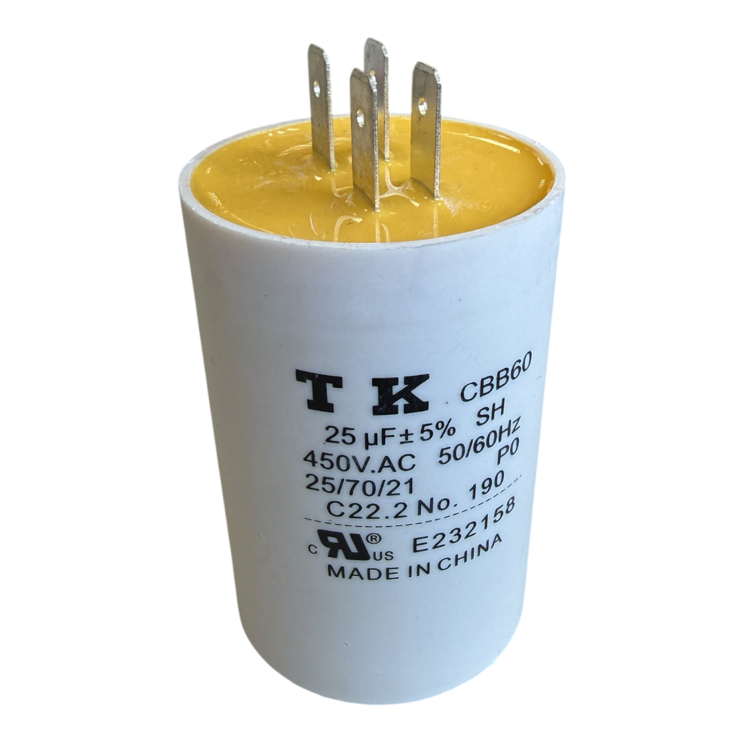 CAPACITOR DE PARTIDA 25UF 450VCA FAST-ON CBB60 SUP 0,5KVAR CANECA PLASTICA BASE LISA  45X70MM TK