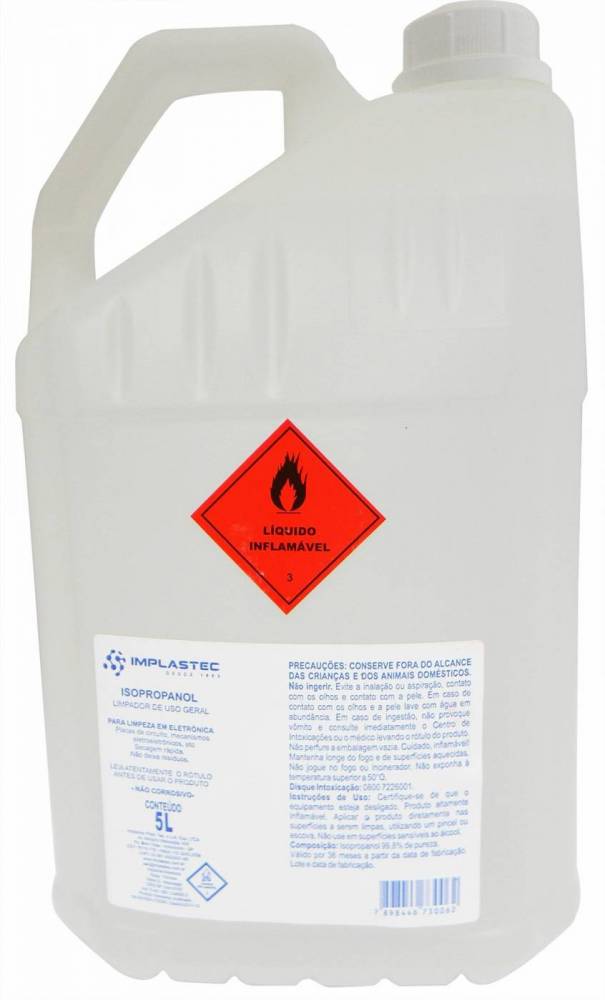 ALCOOL ISOPROPILICO GALÃO C/ 5 LITROS 99,8% ISOPROPANOL IMPLASTEC