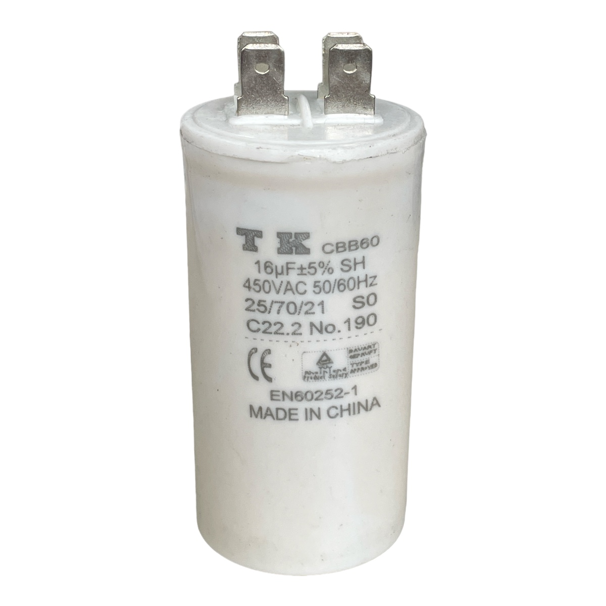 CAPACITOR DE PARTIDA 16UF 450VCA FAST-ON CBB60 CANECA PLASTICA BASE LISA  34X66MM TK